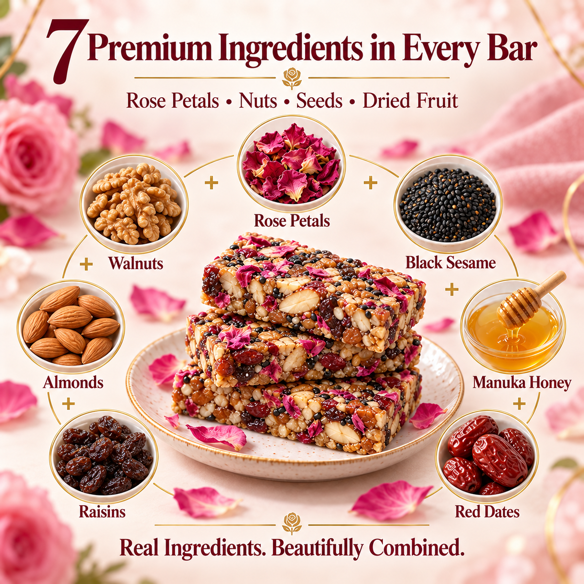 Rose Petal Nut & Dried Fruit Bars with Manuka Honey-V