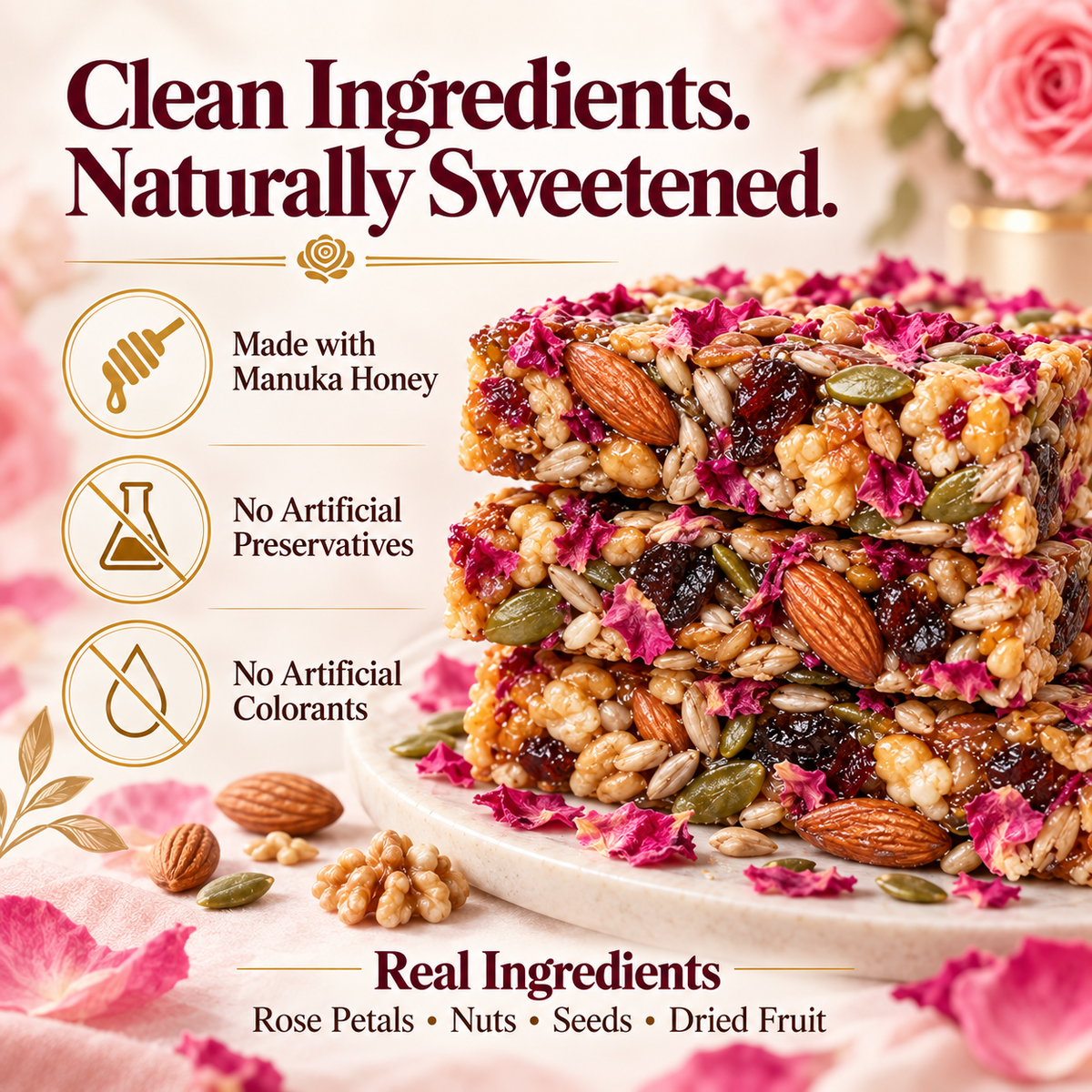 Rose Petal Nut & Dried Fruit Bars with Manuka Honey-V