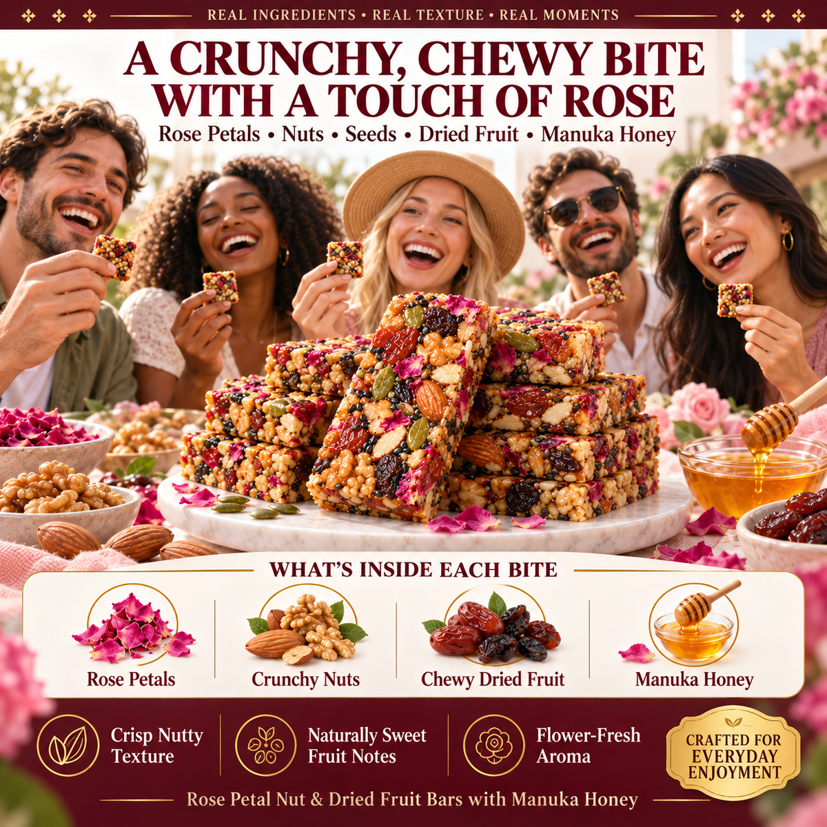 Rose Petal Nut & Dried Fruit Bars with Manuka Honey-V