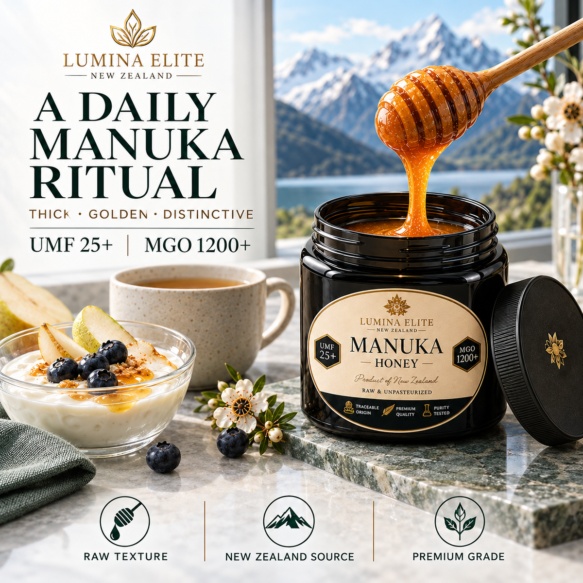 Lumina Elite Manuka honey jar with a breakfast serving
