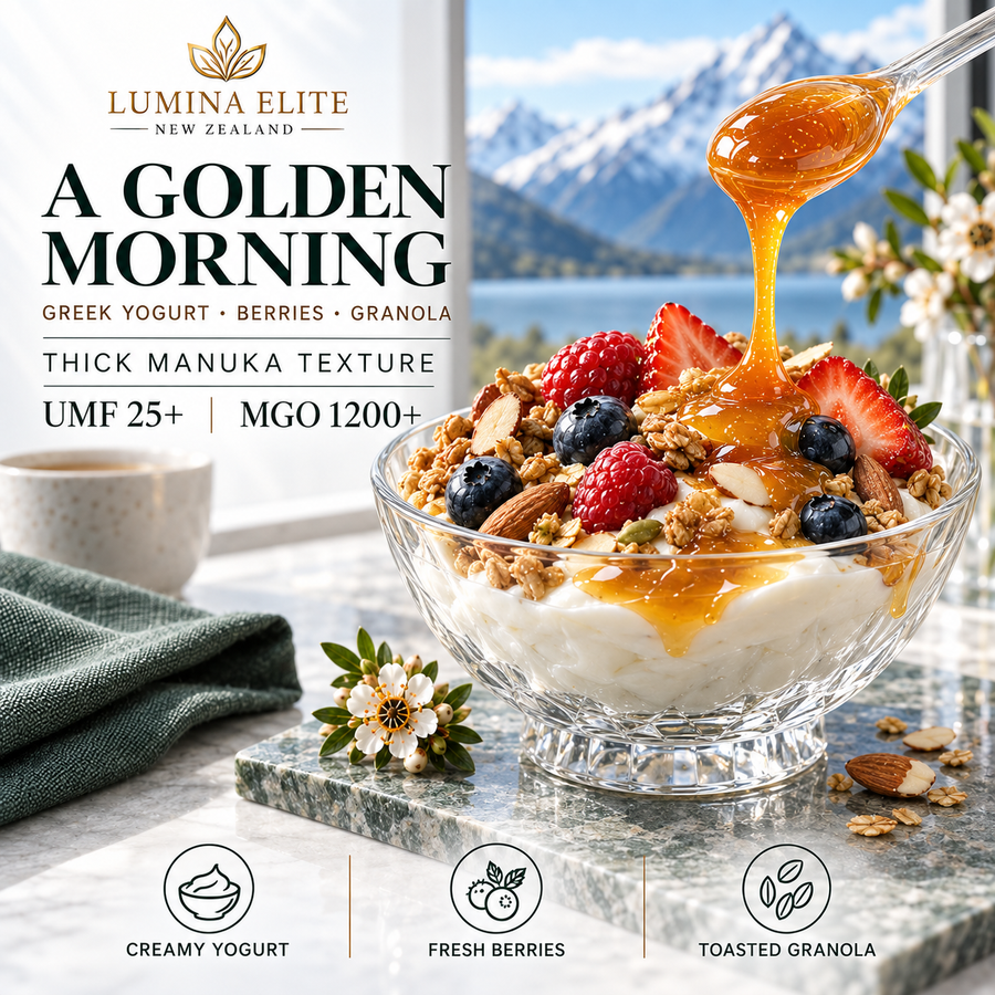 Greek yogurt with berries, granola and Manuka honey