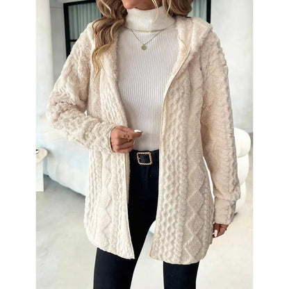 Women's Hooded Plush Cardigan Jacket - Soft Open-Front Mid-Length Layer-V