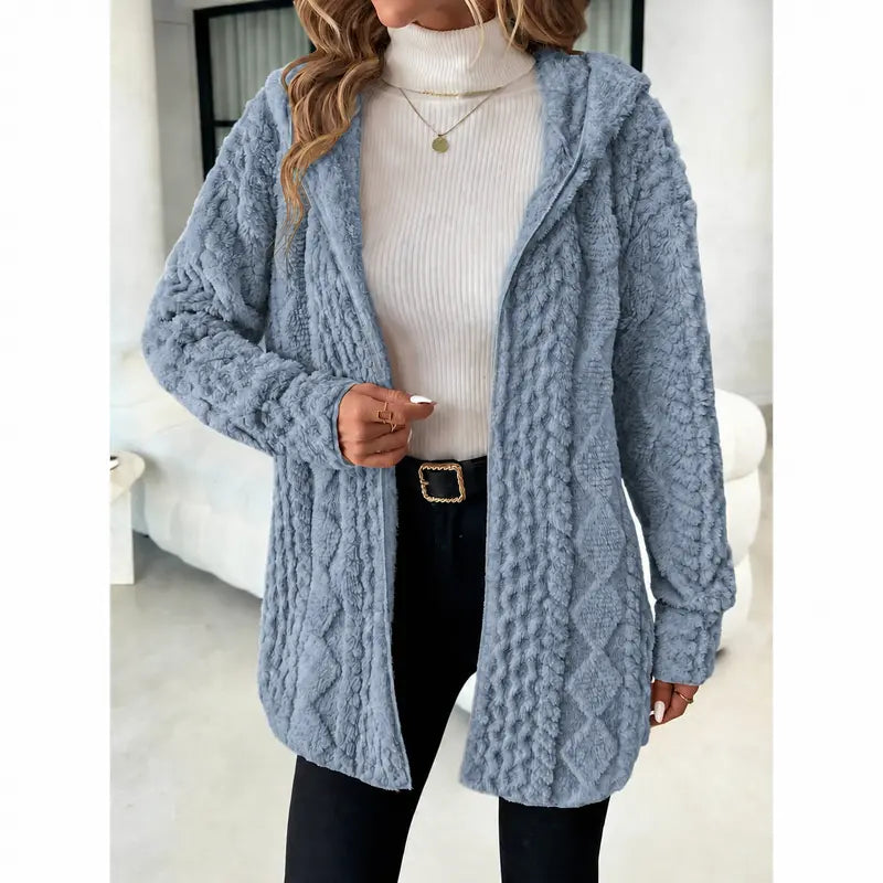 Women's Hooded Plush Cardigan Jacket - Soft Open-Front Mid-Length Layer-V