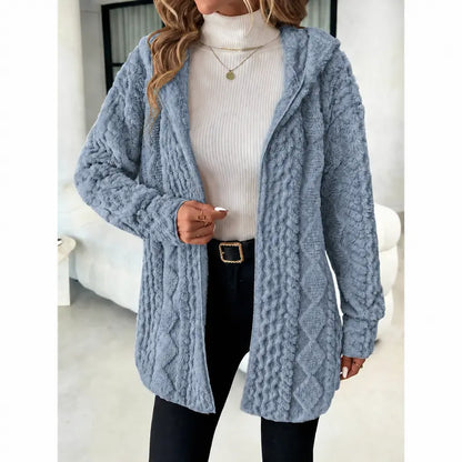 Women's Hooded Plush Cardigan Jacket - Soft Open-Front Mid-Length Layer-V