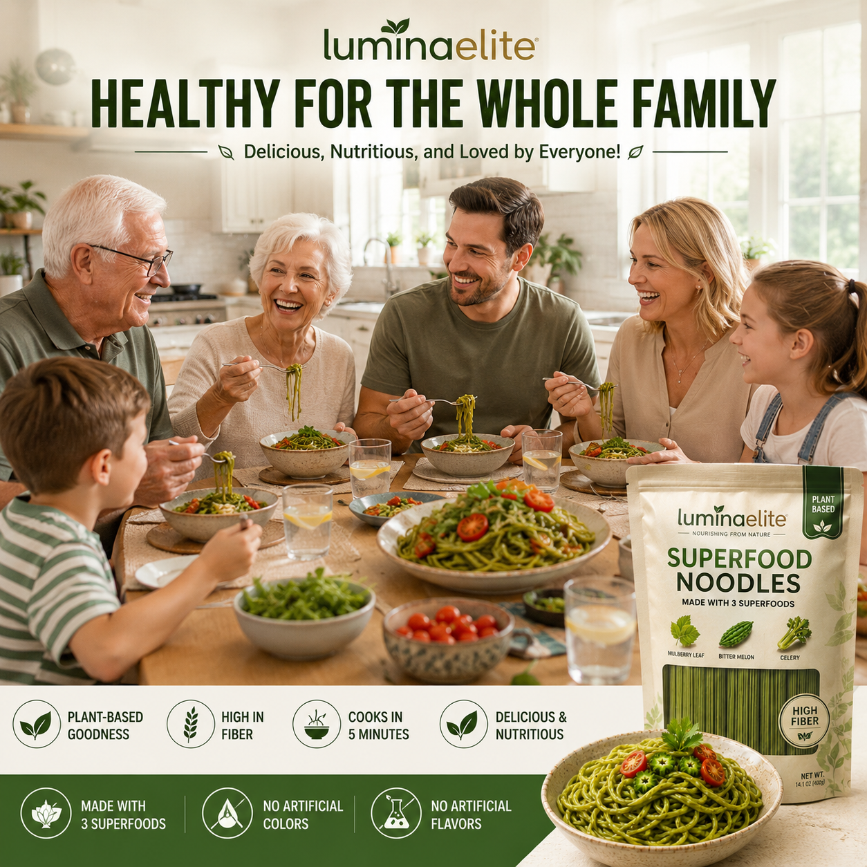 Luminaelite Superfood Noodles - Plant-Based High Fiber Noodles with Mulberry Leaf, Bitter Melon & Celery, Ready in 5 Minutes-V