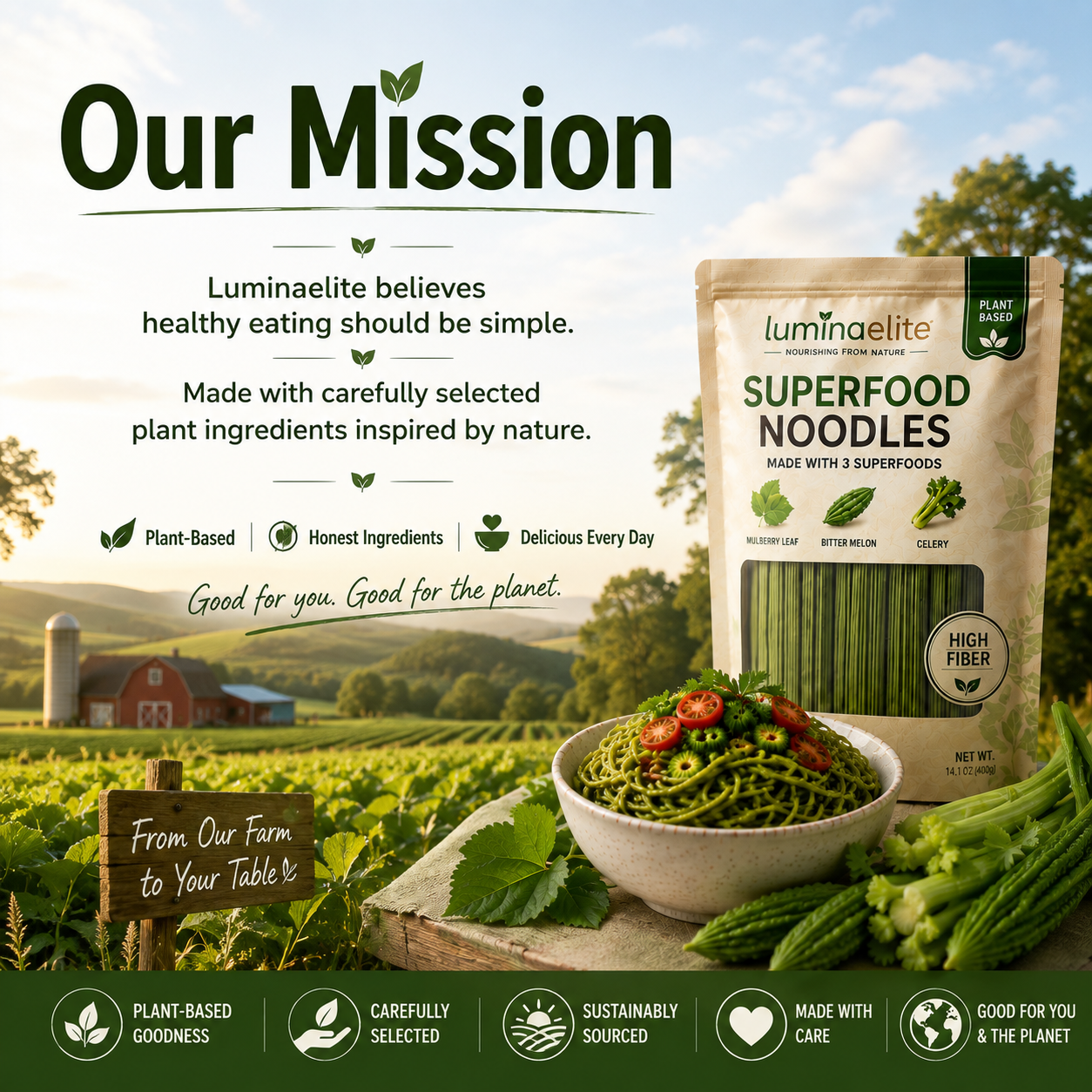 Luminaelite Superfood Noodles - Plant-Based High Fiber Noodles with Mulberry Leaf, Bitter Melon & Celery, Ready in 5 Minutes-V