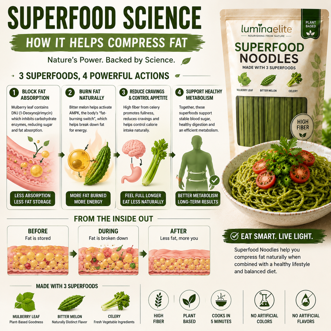 Luminaelite Superfood Noodles - Plant-Based High Fiber Noodles with Mulberry Leaf, Bitter Melon & Celery, Ready in 5 Minutes-V