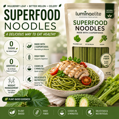 Luminaelite Superfood Noodles - Plant-Based High Fiber Noodles with Mulberry Leaf, Bitter Melon & Celery, Ready in 5 Minutes-V