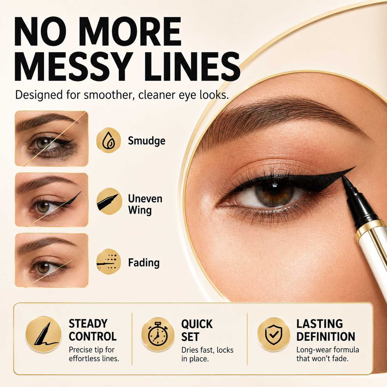 Cleaner eyeliner application without smudging or uneven wings