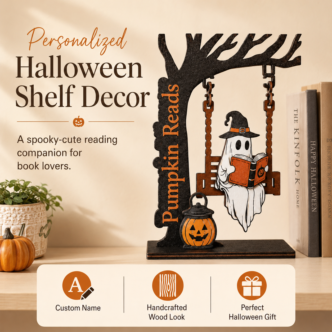 🎃 Halloween Ghost Bookshelf Decor – Cozy Reading Ghost Figurine with Magical Tree Scene for Home & Library-YH