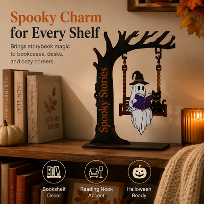 🎃 Halloween Ghost Bookshelf Decor – Cozy Reading Ghost Figurine with Magical Tree Scene for Home & Library-YH