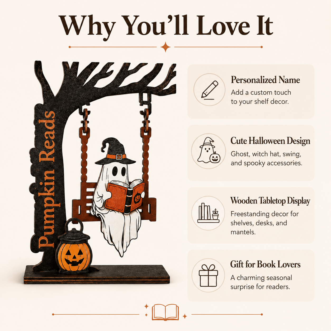 🎃 Halloween Ghost Bookshelf Decor – Cozy Reading Ghost Figurine with Magical Tree Scene for Home & Library-YH