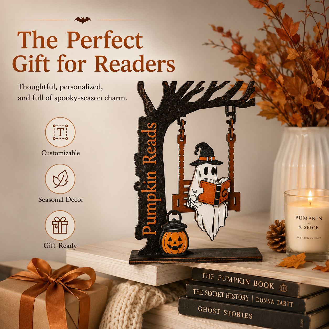 🎃 Halloween Ghost Bookshelf Decor – Cozy Reading Ghost Figurine with Magical Tree Scene for Home & Library-YH