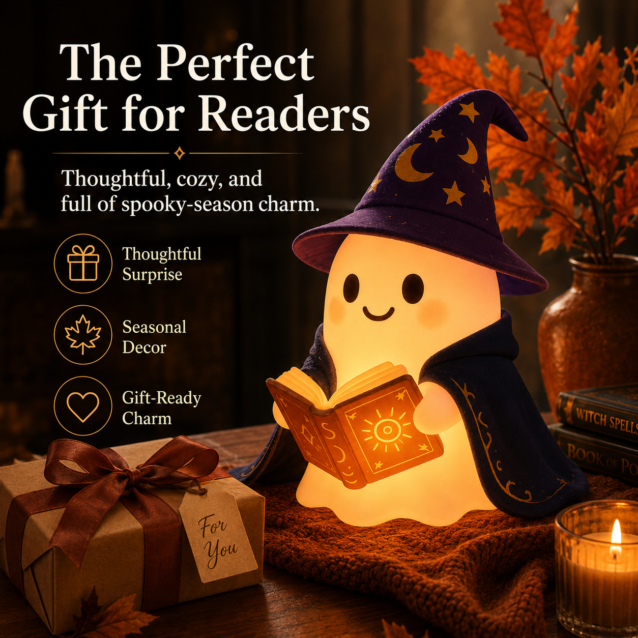👻📚 Halloween Ghost Wizard Reading Lamp – Cozy Magical Night Light for Bookshelf & Bedroom Decor-YH