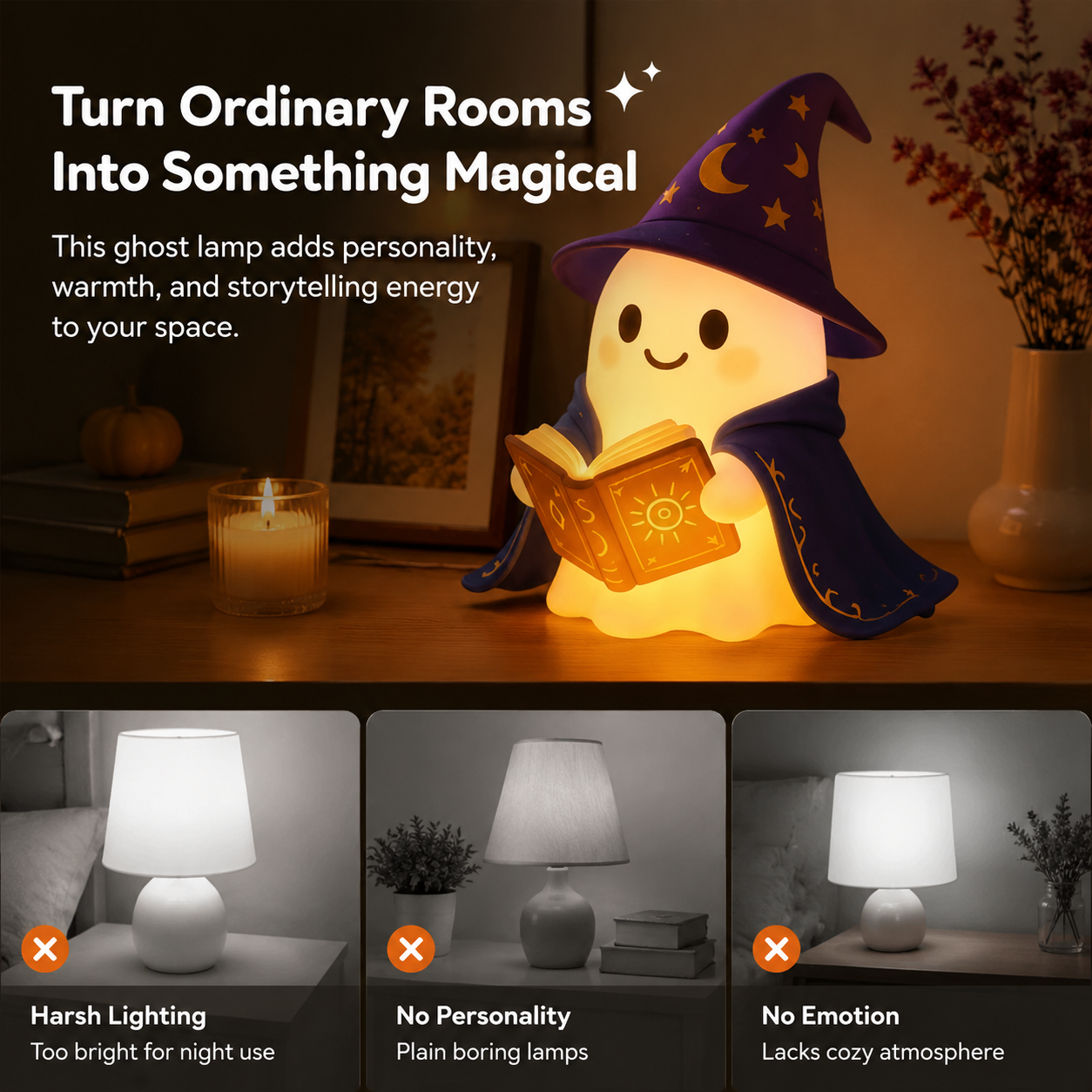 👻📚 Halloween Ghost Wizard Reading Lamp – Cozy Magical Night Light for Bookshelf & Bedroom Decor-YH