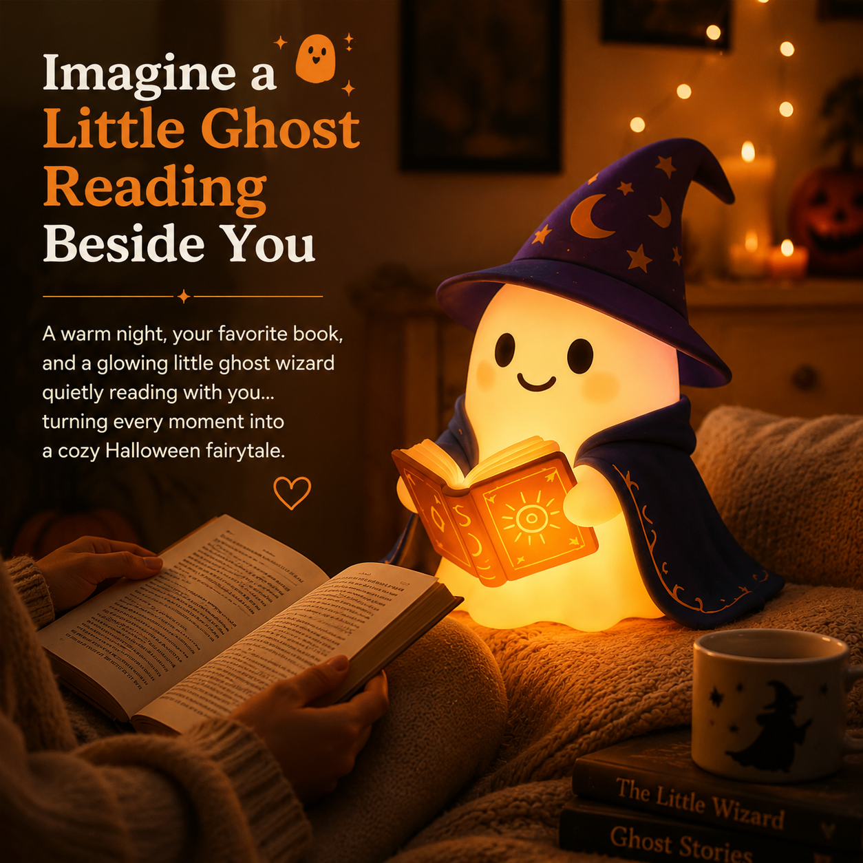 👻📚 Halloween Ghost Wizard Reading Lamp – Cozy Magical Night Light for Bookshelf & Bedroom Decor-YH