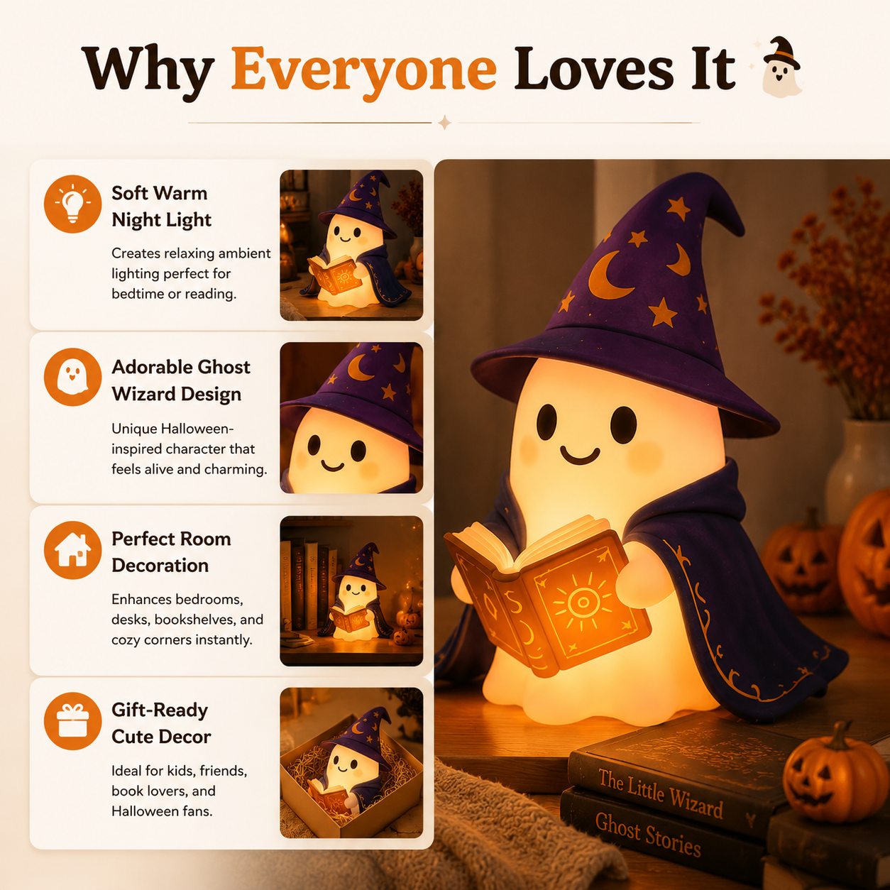 👻📚 Halloween Ghost Wizard Reading Lamp – Cozy Magical Night Light for Bookshelf & Bedroom Decor-YH