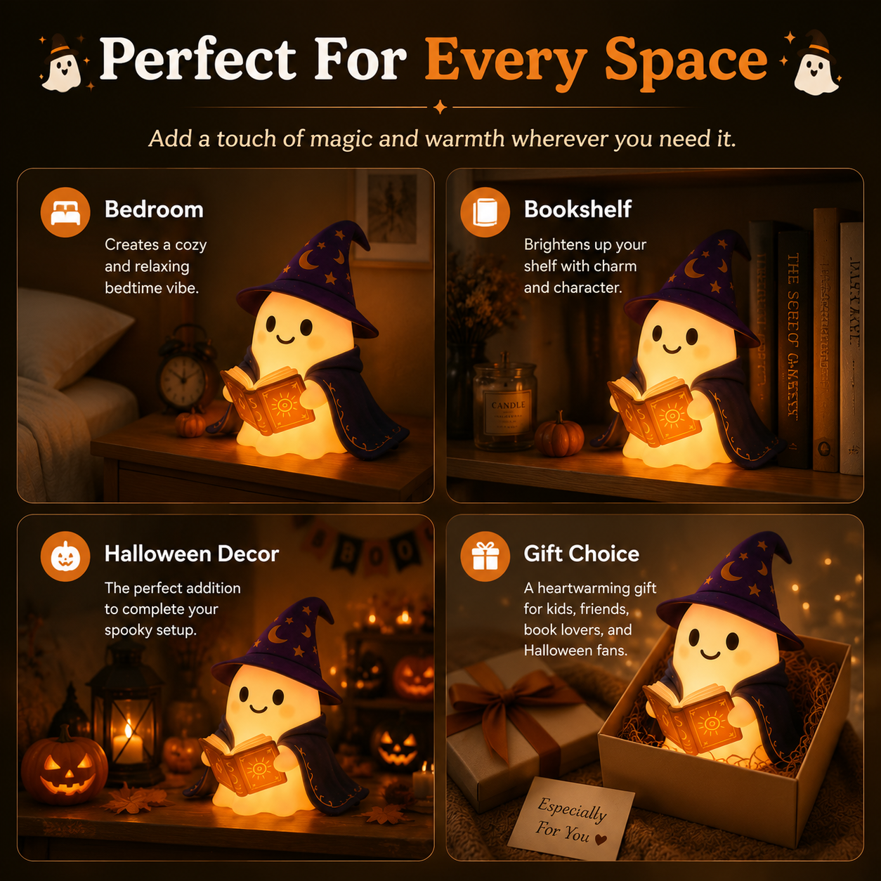 👻📚 Halloween Ghost Wizard Reading Lamp – Cozy Magical Night Light for Bookshelf & Bedroom Decor-YH