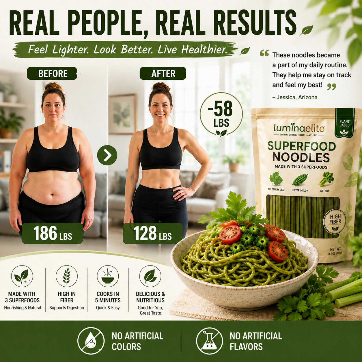 Luminaelite Superfood Noodles - Plant-Based High Fiber Noodles with Mulberry Leaf, Bitter Melon & Celery, Ready in 5 Minutes-V