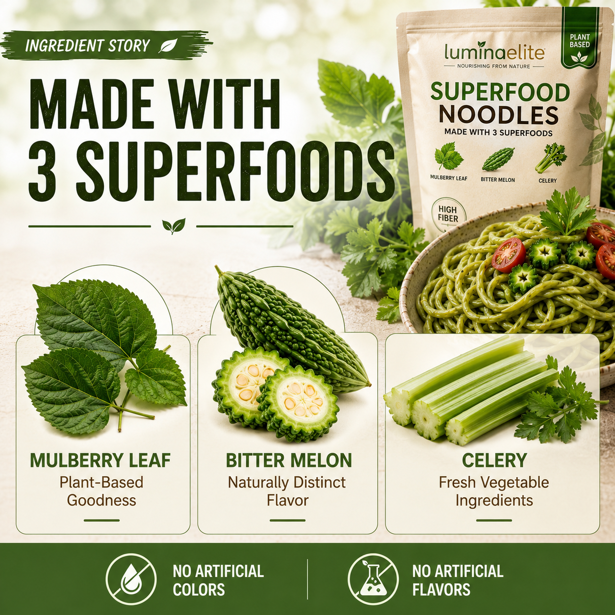 Luminaelite Superfood Noodles - Plant-Based High Fiber Noodles with Mulberry Leaf, Bitter Melon & Celery, Ready in 5 Minutes-V