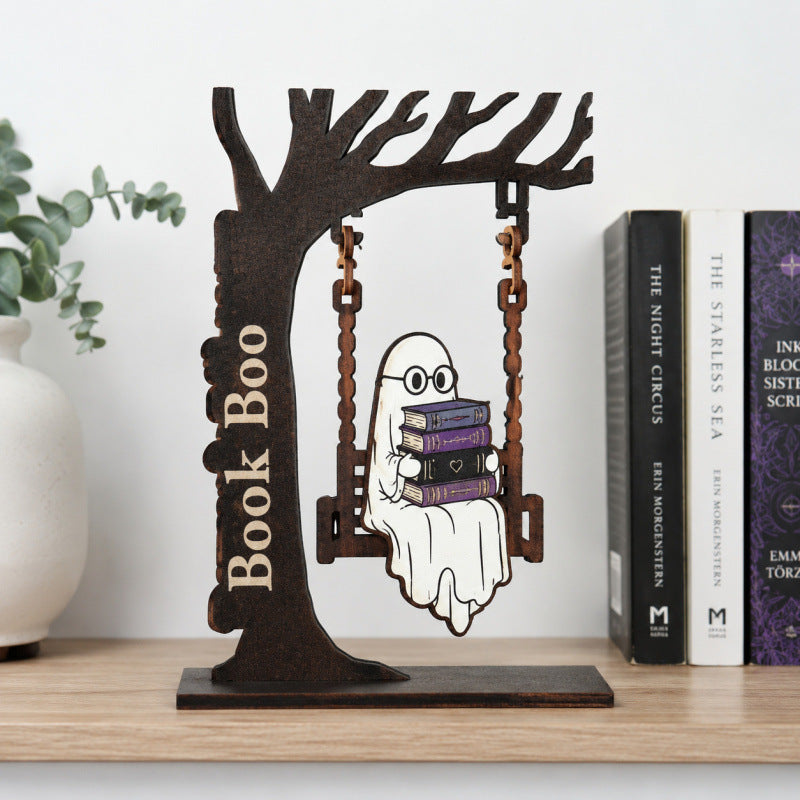 🎃 Halloween Ghost Bookshelf Decor – Cozy Reading Ghost Figurine with Magical Tree Scene for Home & Library-YH