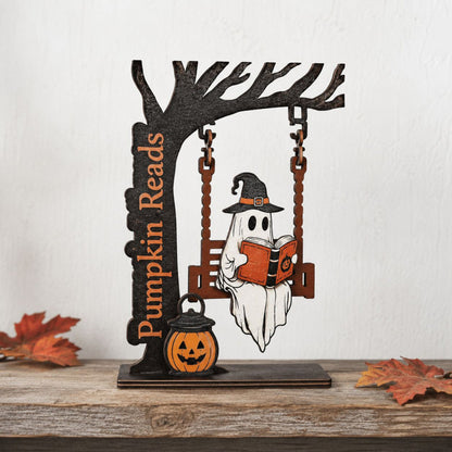 🎃 Halloween Ghost Bookshelf Decor – Cozy Reading Ghost Figurine with Magical Tree Scene for Home & Library-YH
