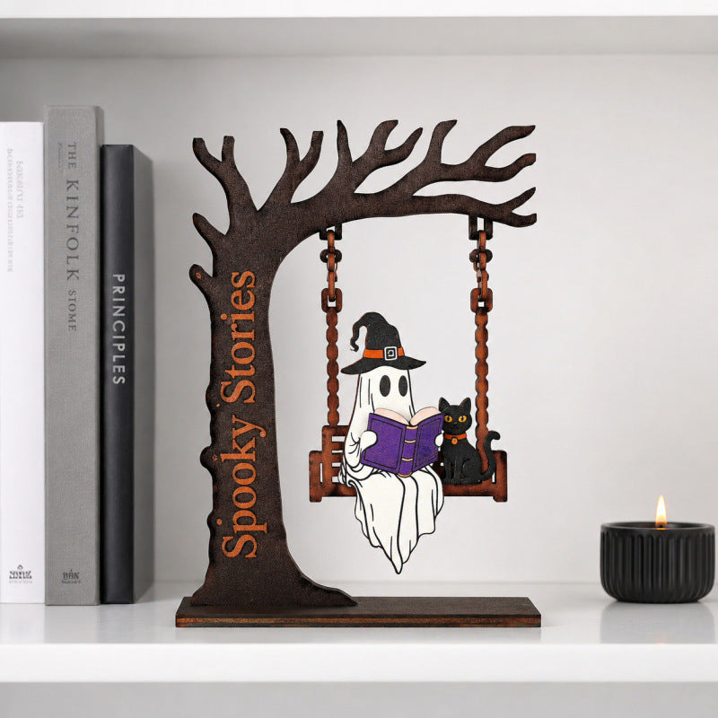 🎃 Halloween Ghost Bookshelf Decor – Cozy Reading Ghost Figurine with Magical Tree Scene for Home & Library-YH