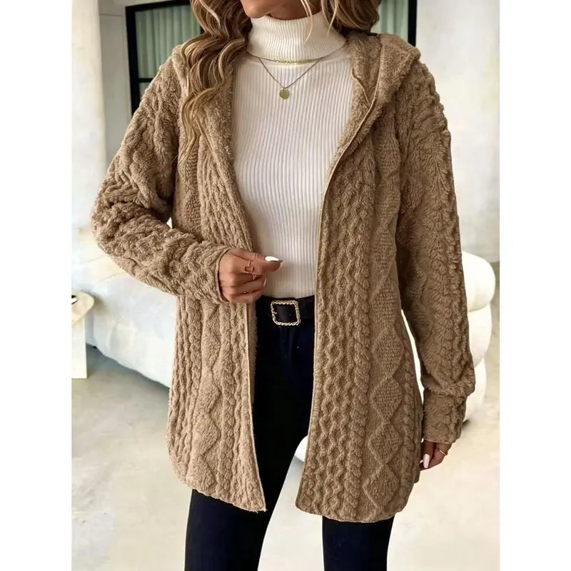 Women's Hooded Plush Cardigan Jacket - Soft Open-Front Mid-Length Layer-V