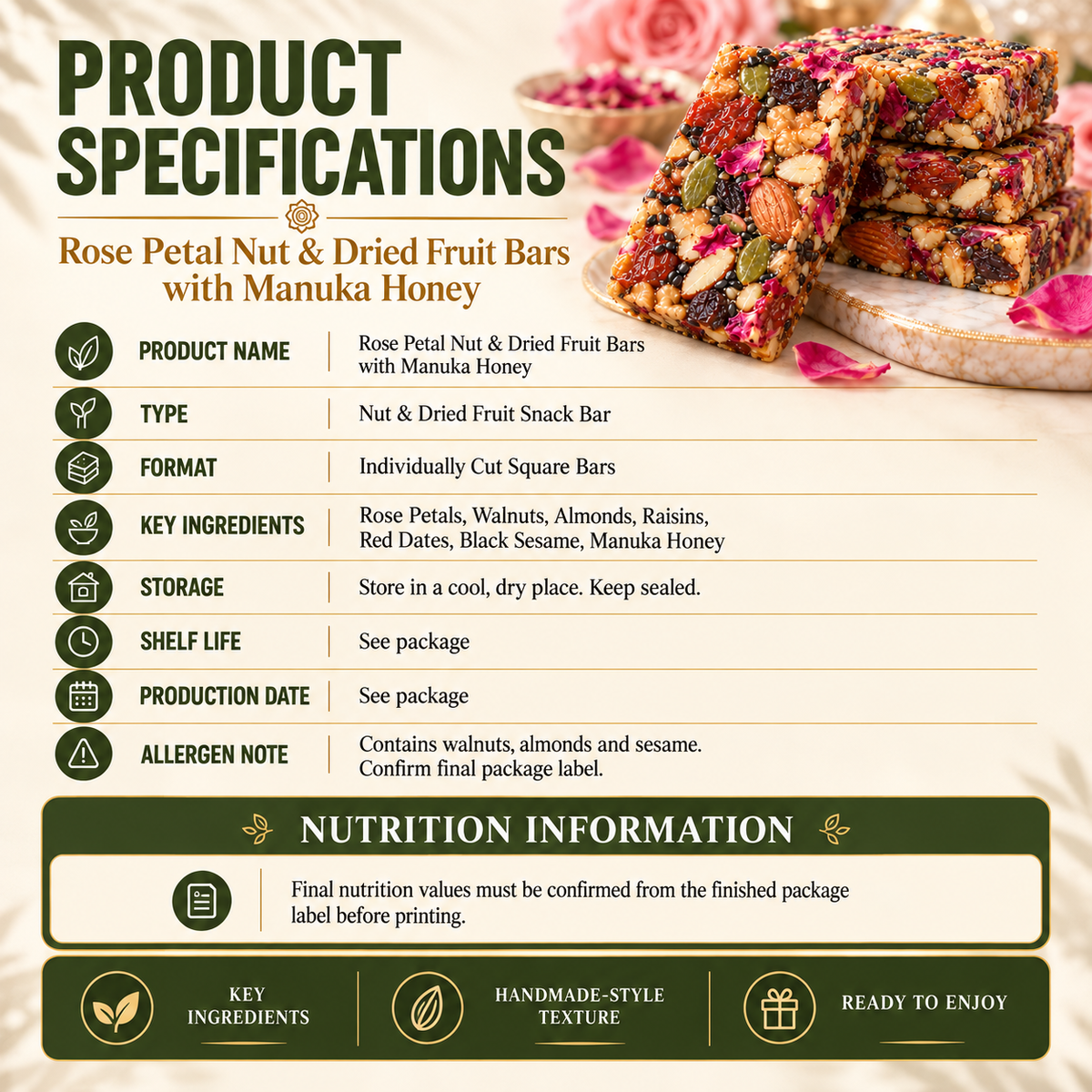 Rose Petal Nut & Dried Fruit Bars with Manuka Honey-V