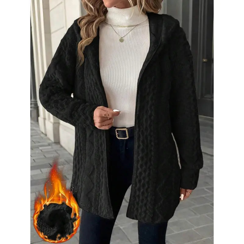 Women's Hooded Plush Cardigan Jacket - Soft Open-Front Mid-Length Layer-V