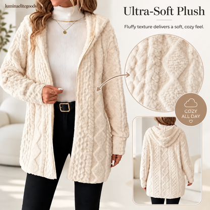 Open-front hooded plush cardigan