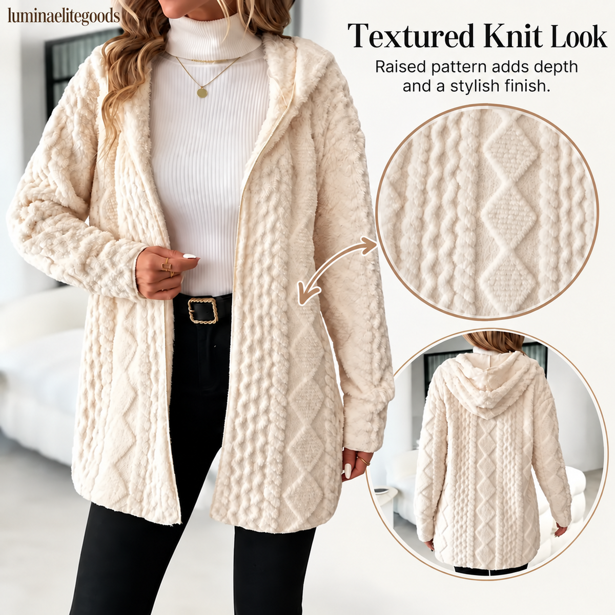 Textured knit hooded plush cardigan